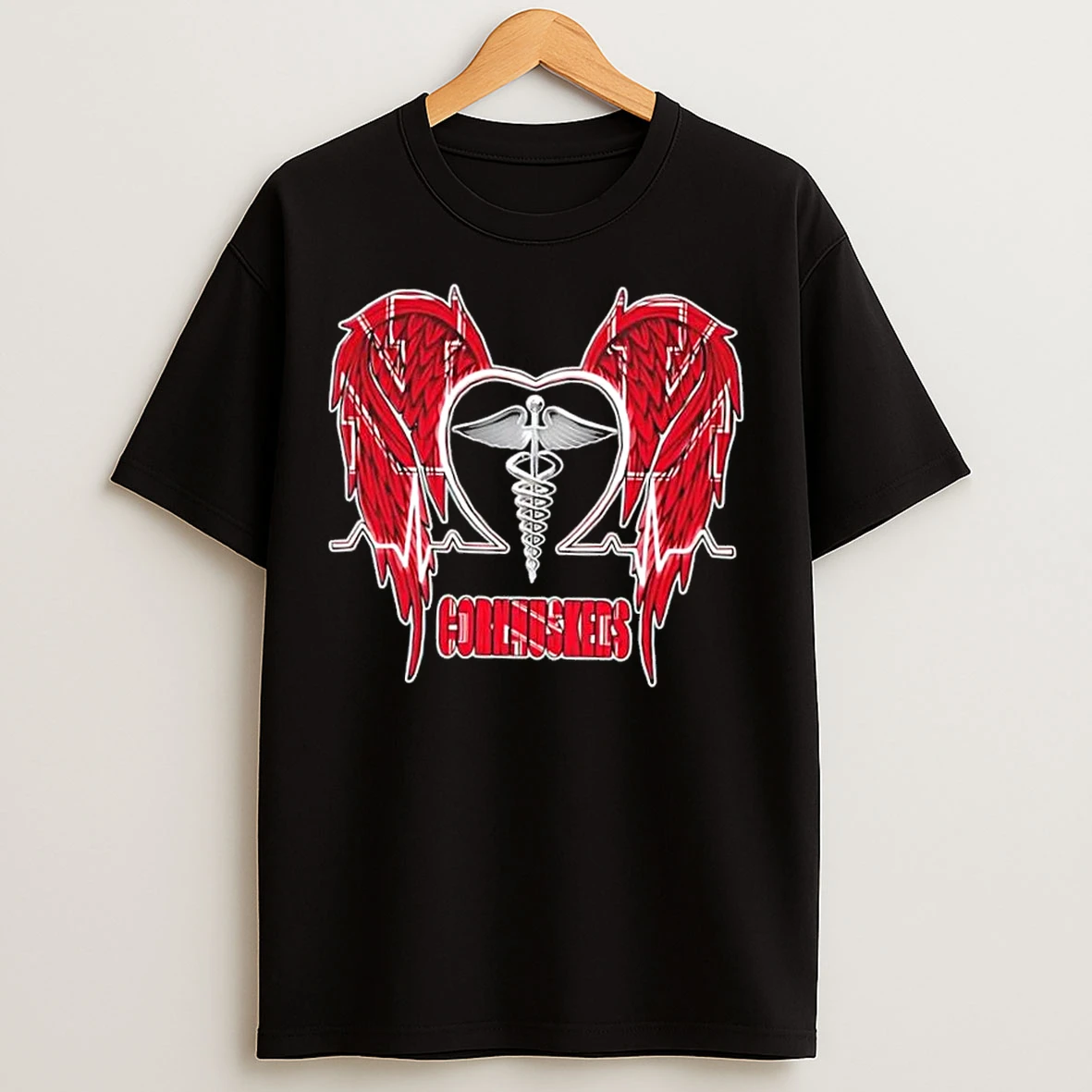 Classic Caduceus Wings Heartbeat Nebraska Cornhuskers Football T Shirts