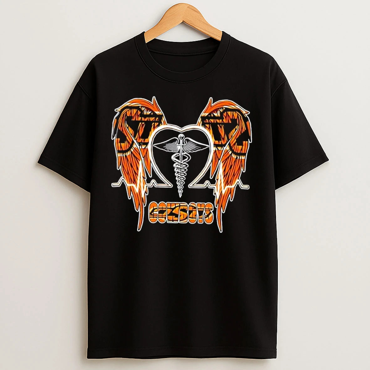 Classic Caduceus Wings Heartbeat Oklahoma State Cowboys Football T Shirts