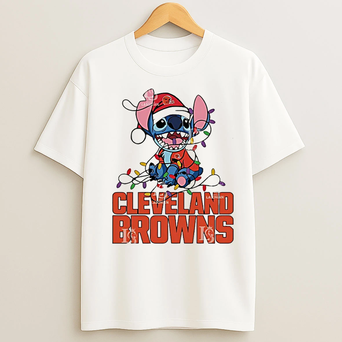 Classic Cleveland Browns With Stitch Christmas Lights T Shirts