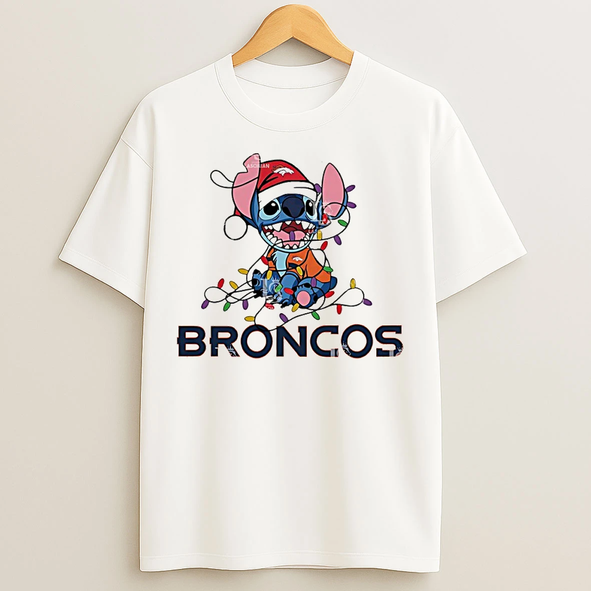 Classic Denver Broncos With Stitch Christmas Lights T Shirts