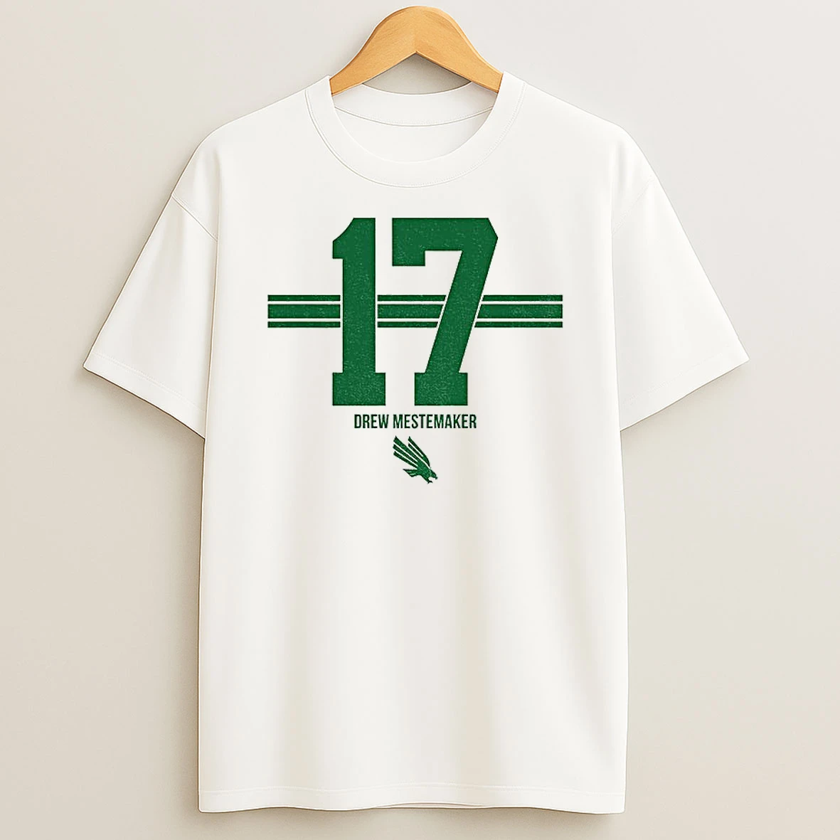 Classic Drew Mestemaker 17 Stripe North Texas Mean Green Football Logo T Shirts