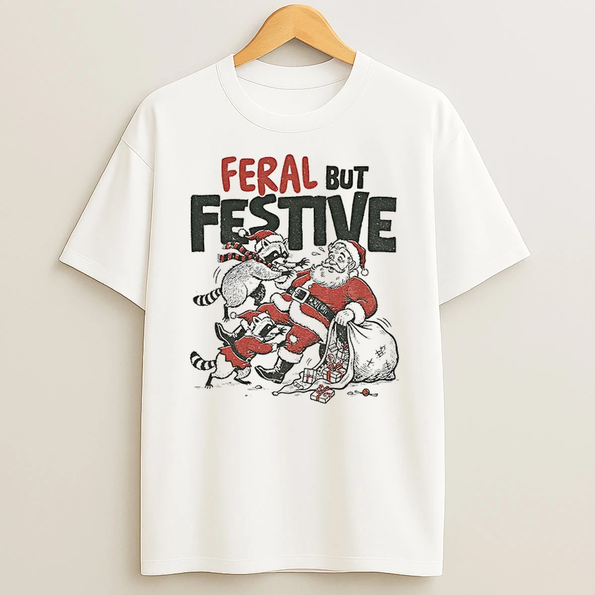 Classic Funny Christmas Raccoon Vs Santa Feral But Festive T Shirts