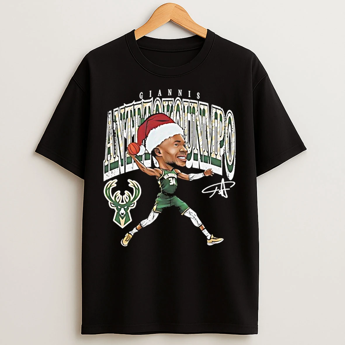 Classic Giannis Antetokounmpo Milwaukee Bucks In Christmas Santa Hat Signature T Shirts