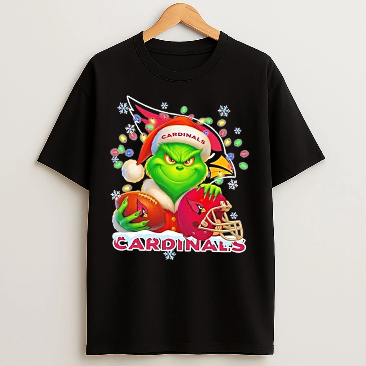 Classic Grinch Christmas Lights Holding A Ball And Smiling At Arizona Cardinals Fans T Shirts