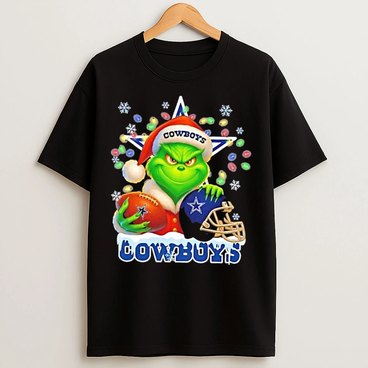 Classic Grinch Christmas Lights Holding A Ball And Smiling At Dallas Cowboys Fans T Shirts