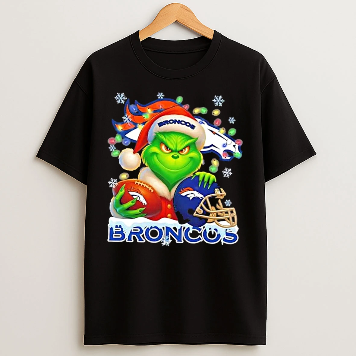 Classic Grinch Christmas Lights Holding A Ball And Smiling At Denver Broncos Fans T Shirts