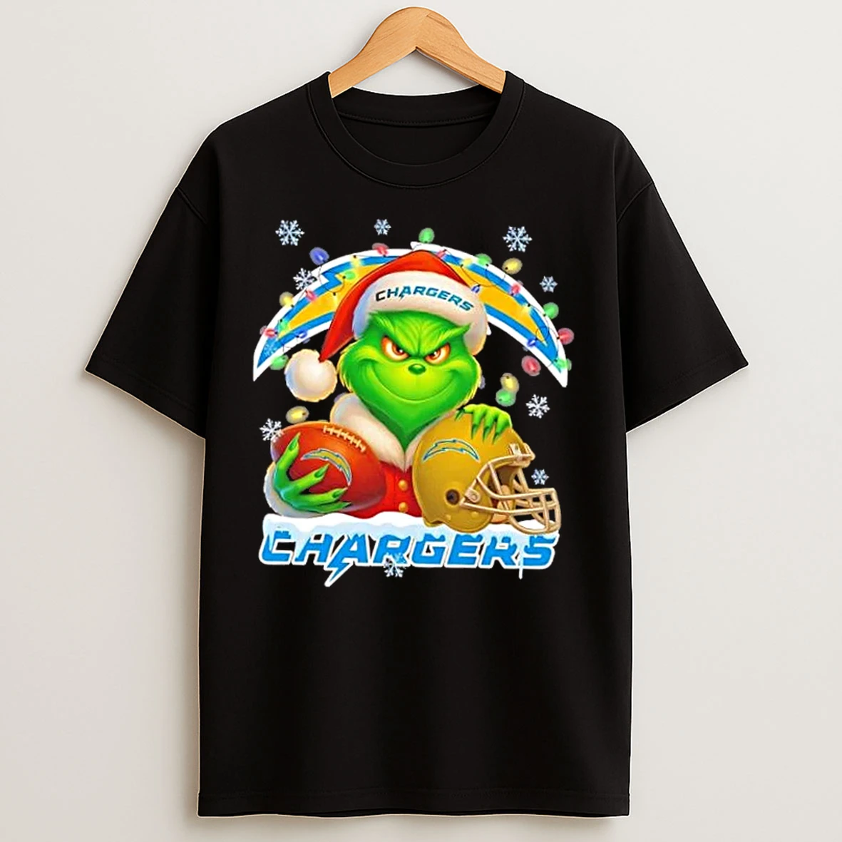 Classic Grinch Christmas Lights Holding A Ball And Smiling At Los Angeles Chargers Fans T Shirts