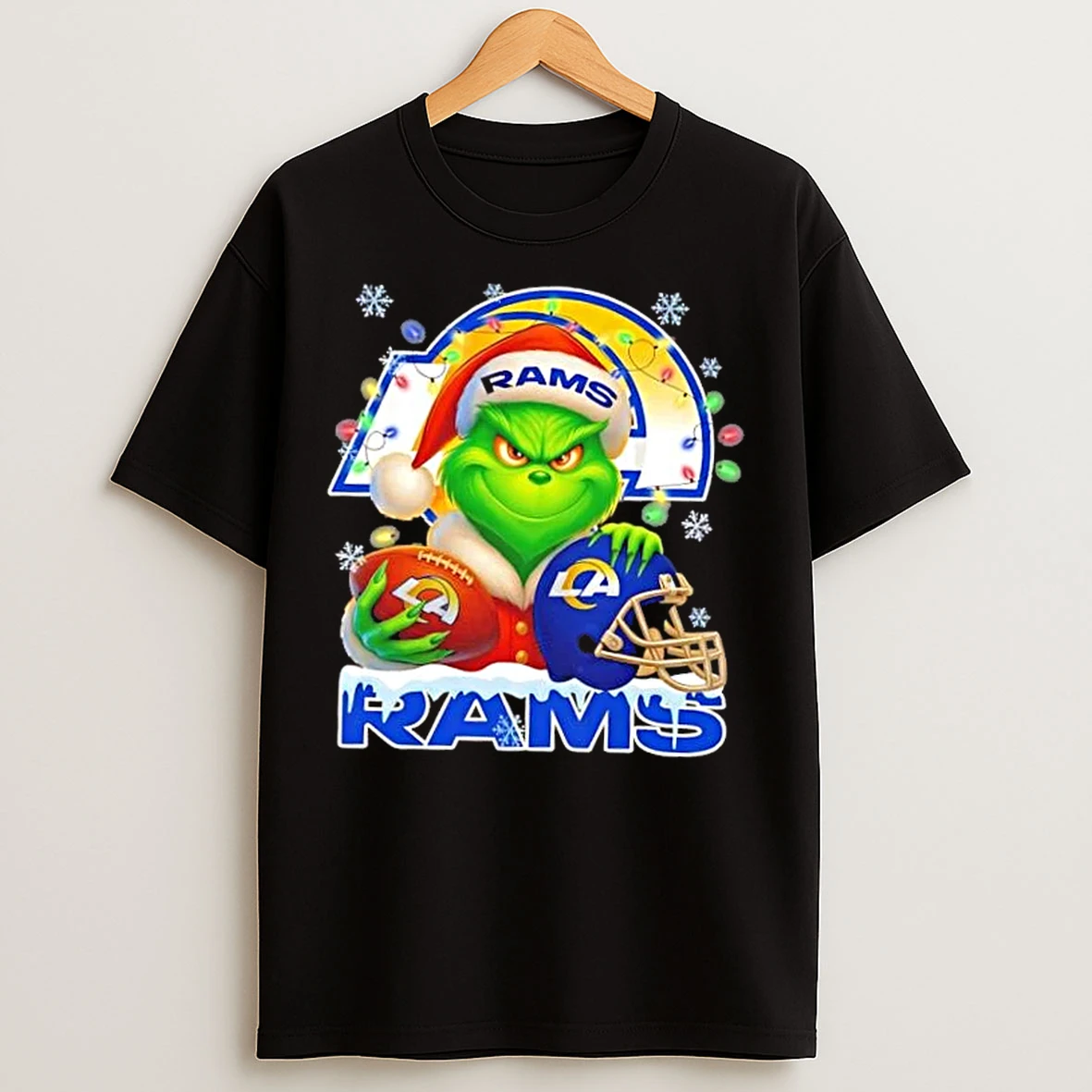 Classic Grinch Christmas Lights Holding A Ball And Smiling At Los Angeles Rams Fans T Shirts