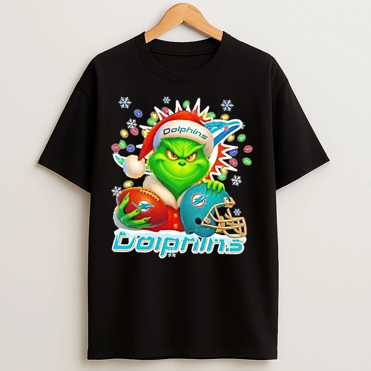 Classic Grinch Christmas Lights Holding A Ball And Smiling At Miami Dolphins Fans T Shirts