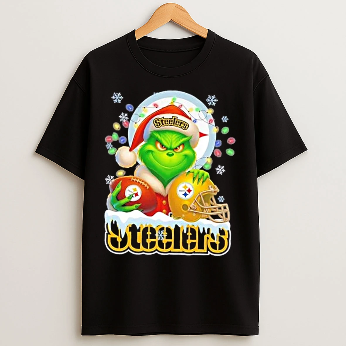 Classic Grinch Christmas Lights Holding A Ball And Smiling At Pittsburgh Steelers Fans T Shirts