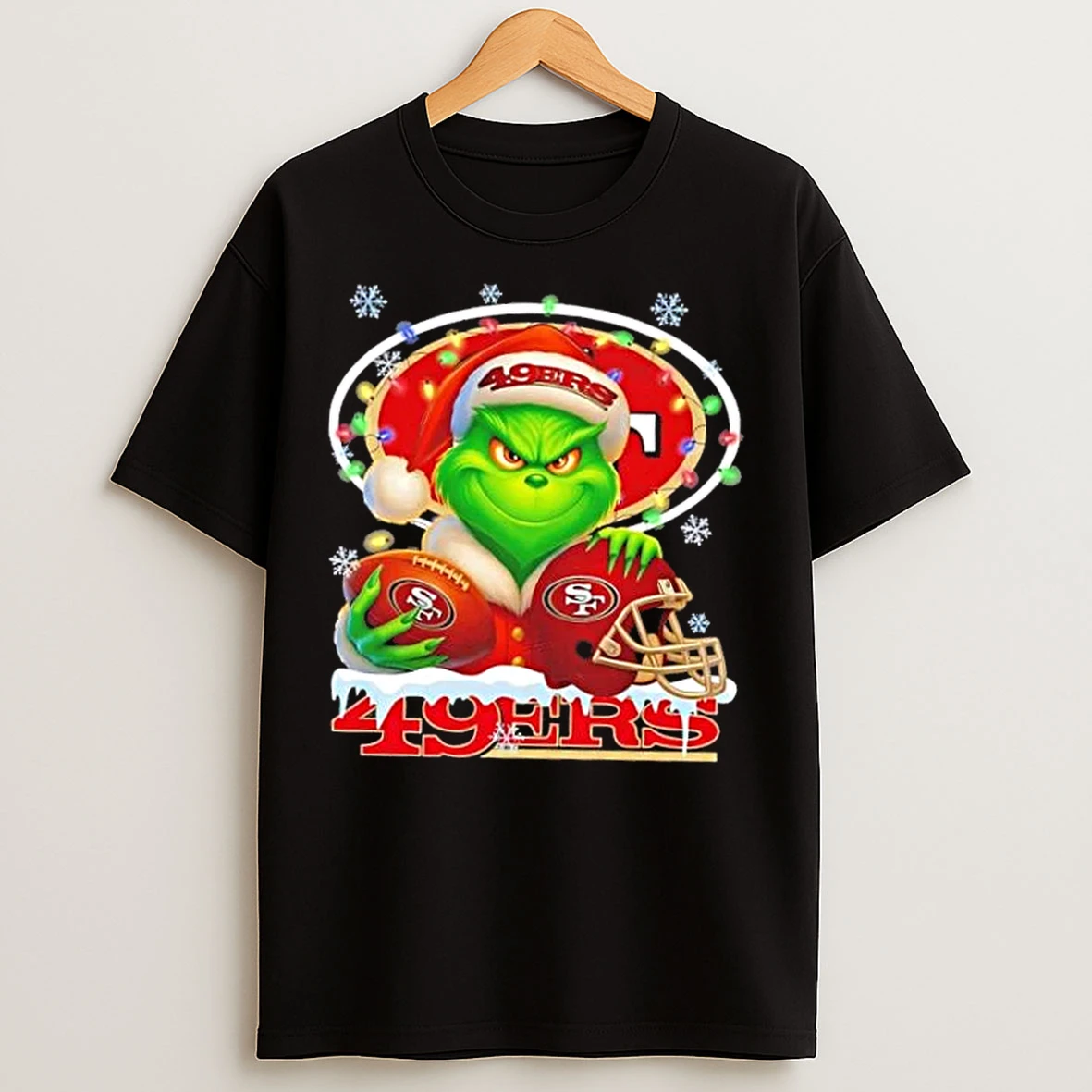 Classic Grinch Christmas Lights Holding A Ball And Smiling At San Francisco 49ers Fans T Shirts