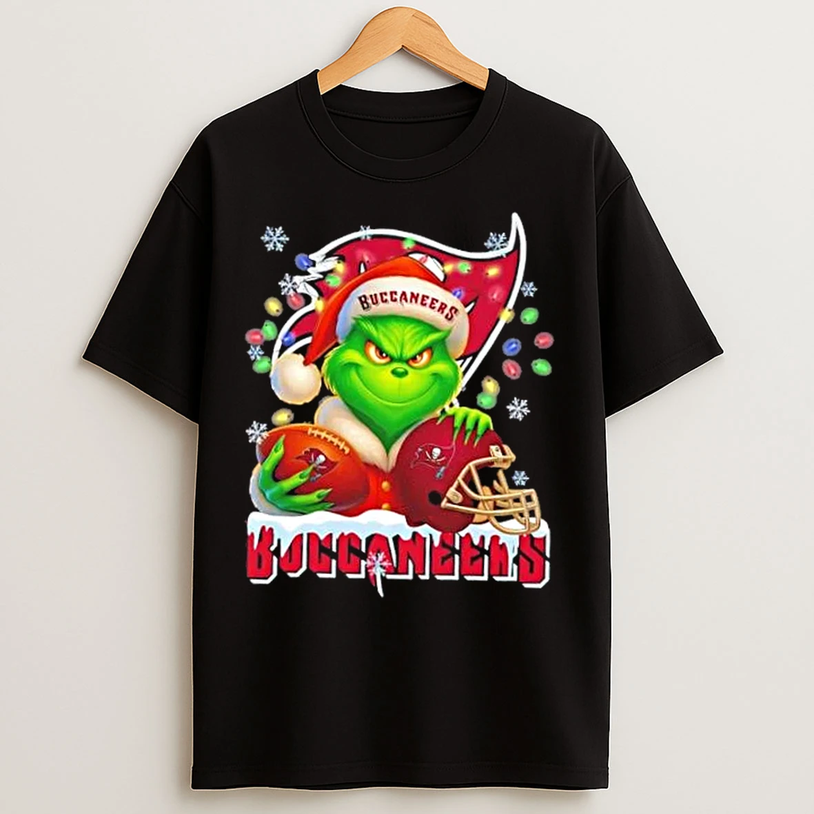 Classic Grinch Christmas Lights Holding A Ball And Smiling At Tampa Bay Buccaneers Fans T Shirts