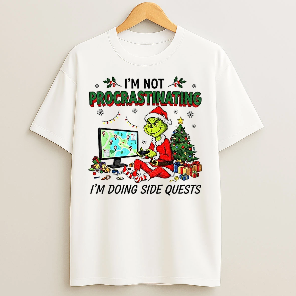 Classic Grinch Santa Hat Im Not Procrastinating Im Doing Side Quests Christmas T Shirts