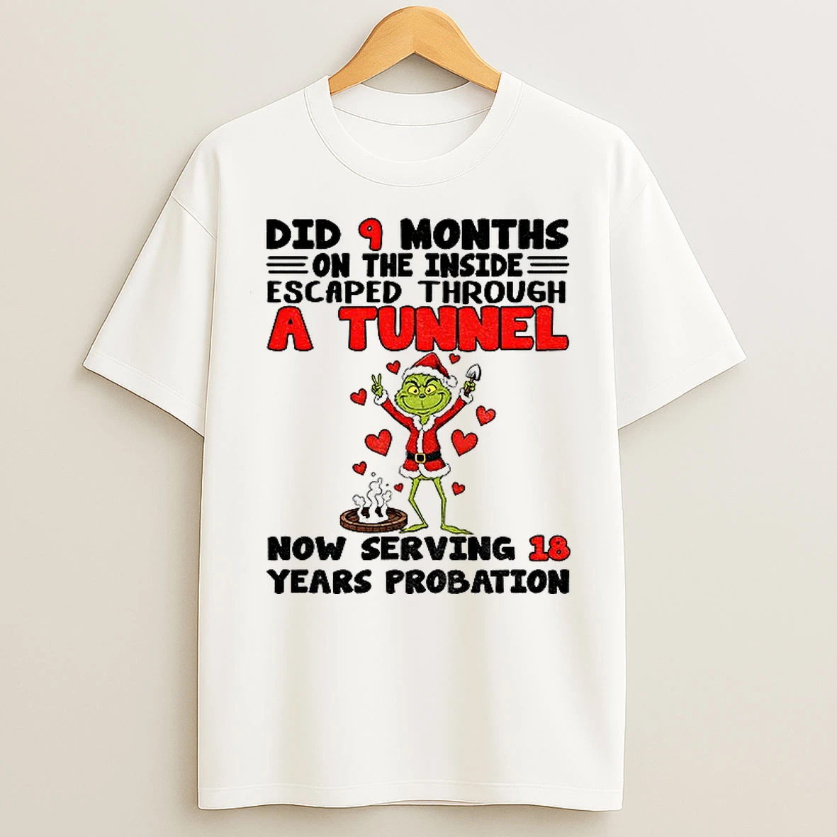Classic Grinch Did 9 Months On The Inside Escaped Through A Tunnel Now Serving 18 Years Probation Christmas T Shirts
