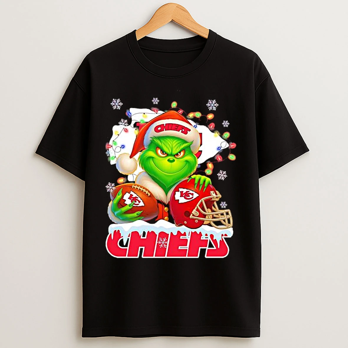 Classic Grinch In Santa Hat With Kansas City Chiefs Helmet Logo T Shirts