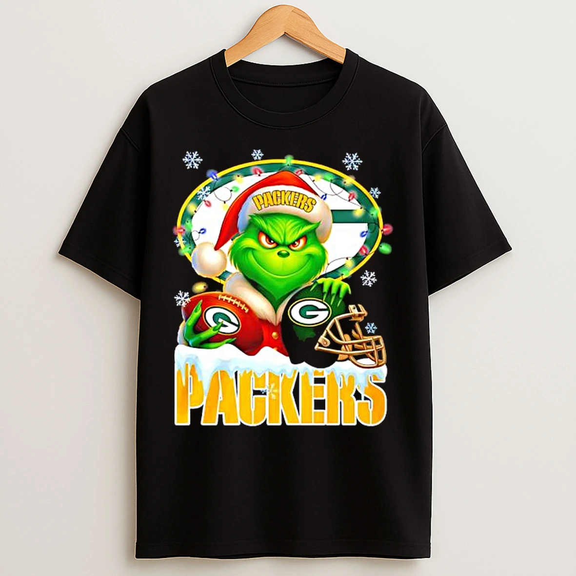 Classic Grinch With Green Bay Packers Christmas Lights Snowflakes T Shirts