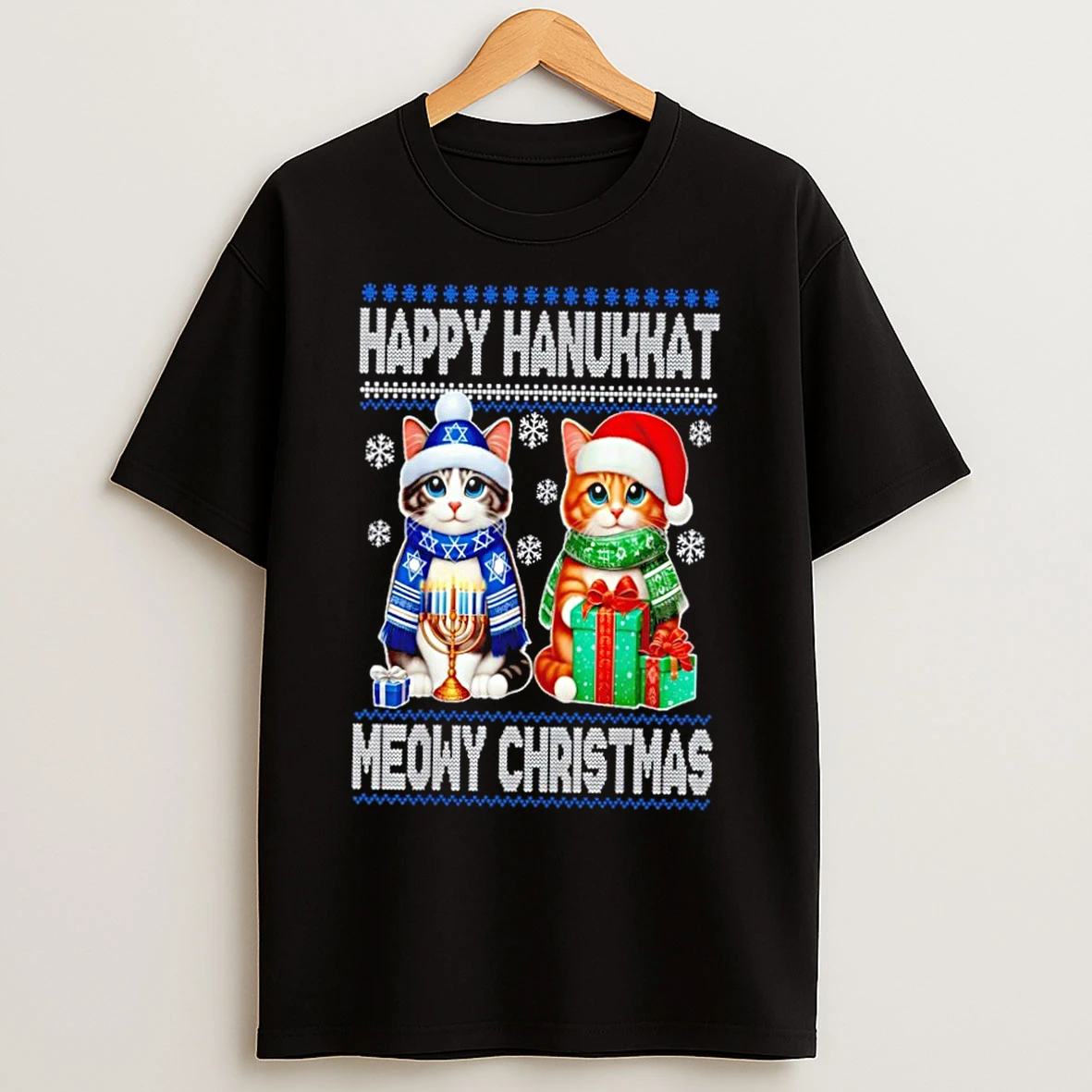 Classic Happy Hanukkat Meowy Ugly Christmas Sweat T Shirts