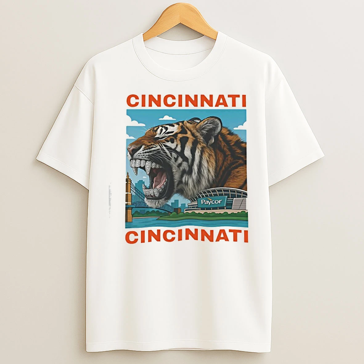 Classic Iced Out Grillz Cincinnati Tiger Graphic Roaring City Skyline T Shirts