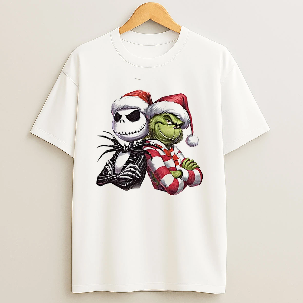 Classic Jack Skellington And Grinch Santa Hat Christmas T Shirts