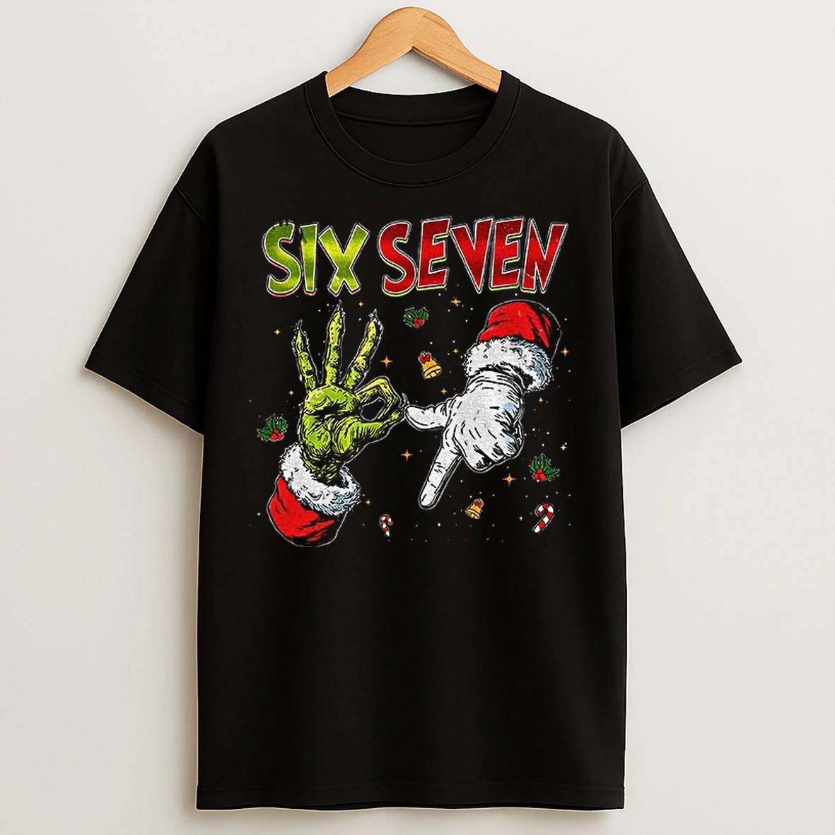Classic Jumper Xmas Grinch And Santa Hand Six Seven 67 Meme T Shirts