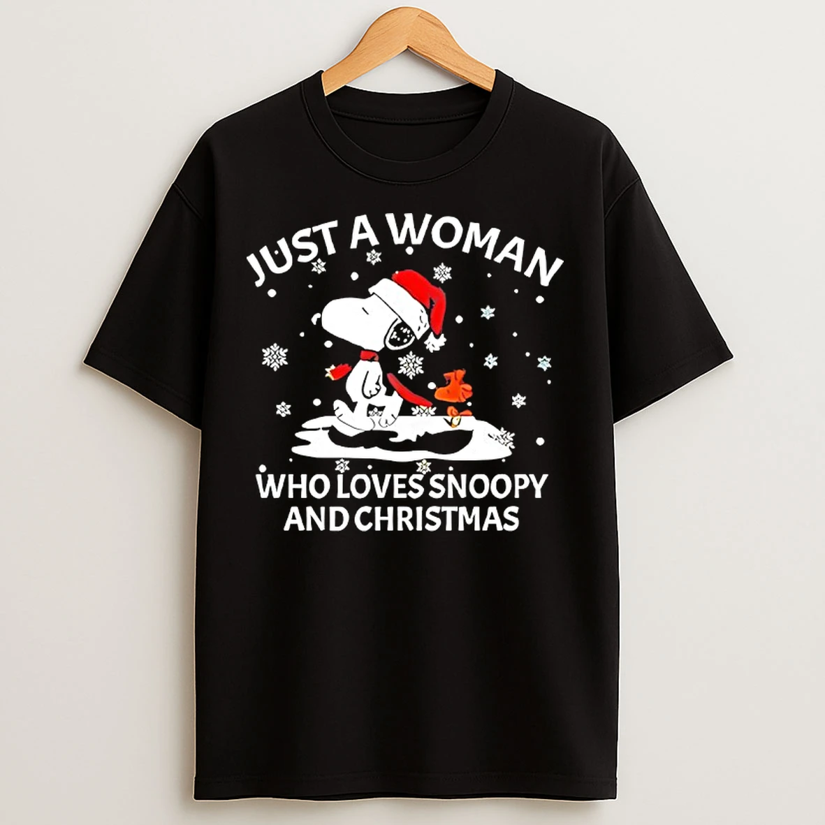 Classic Just A Woman Who Loves Snoopy Woodstock And Christmas T Shirts