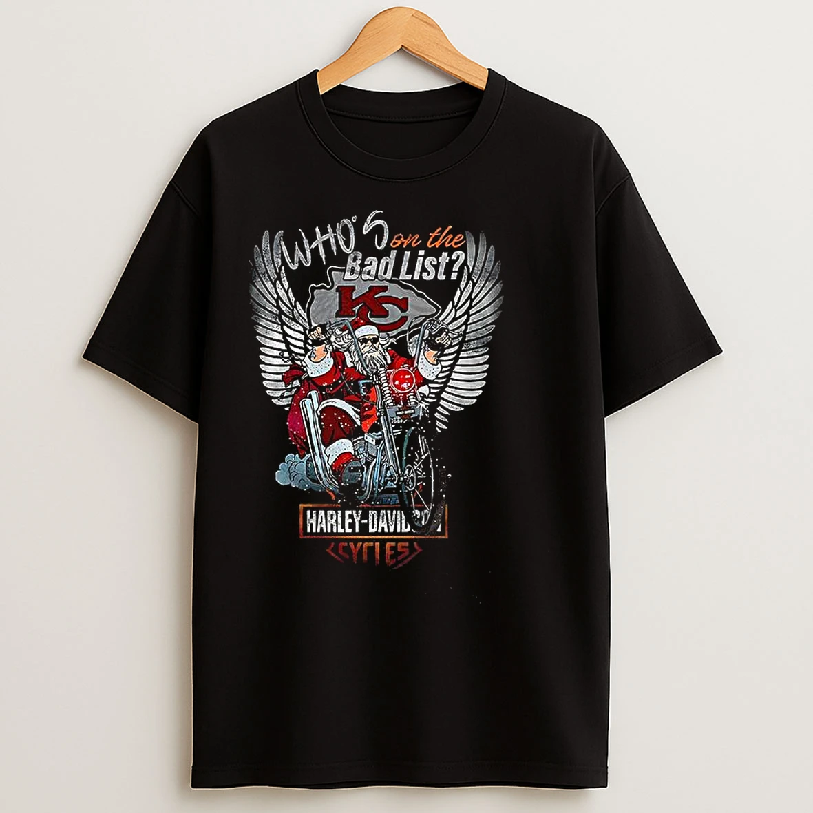 Classic Kansas City Chiefs Santa Whos On The Bad List Harley Davidson Cycles T Shirts