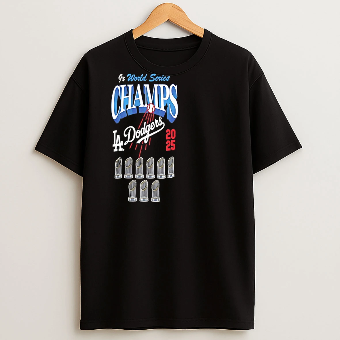 Classic Los Angeles Dodgers 9 Time World Series Champions Trophy T Shirts