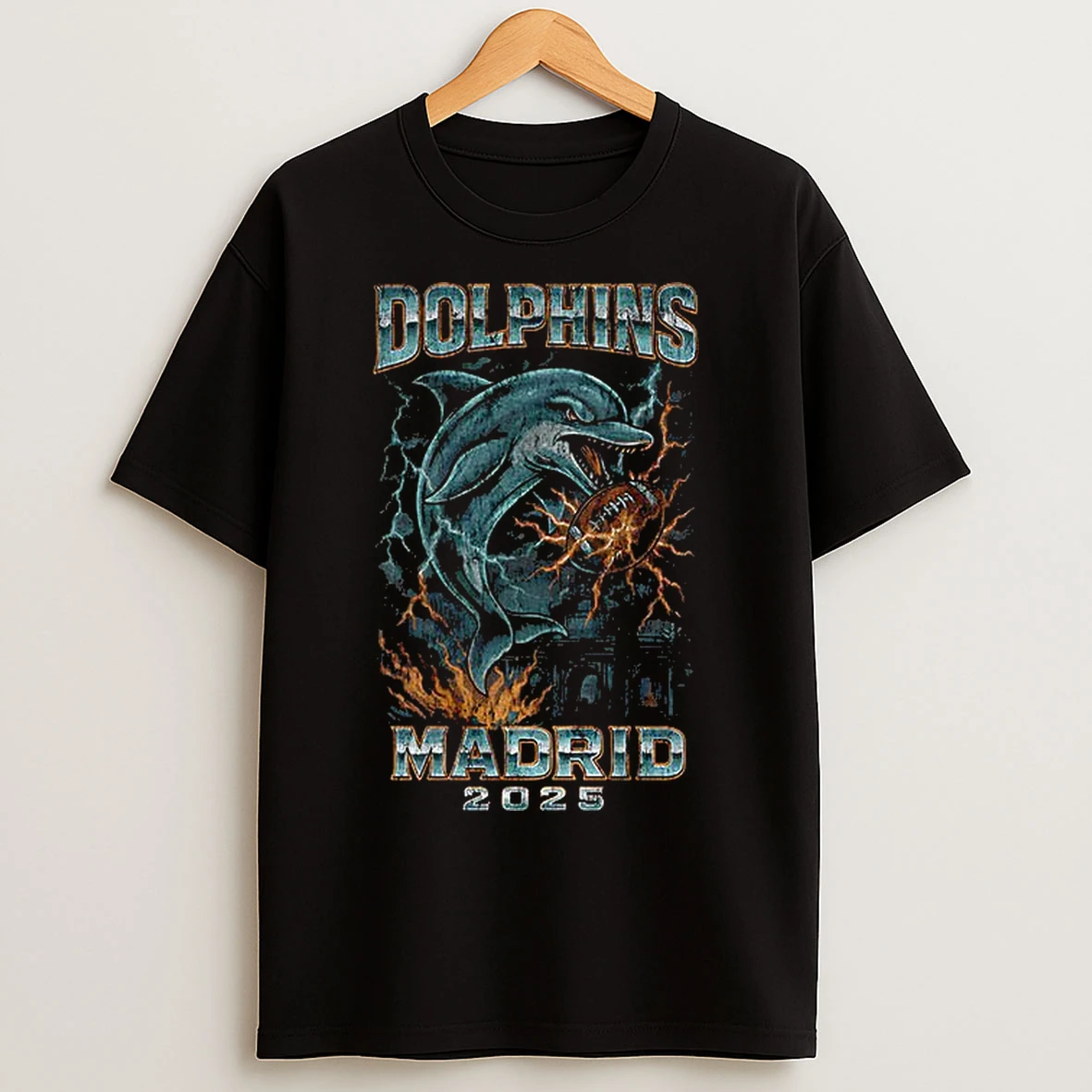 Classic Miami Dolphins Nfl Football X Madrid 2025 Distressed Vintage T Shirts
