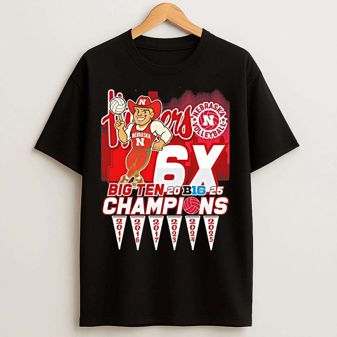 Classic Nebraska Huskers 6x Big 10 Womens Volleyball Champions Mascot T Shirts