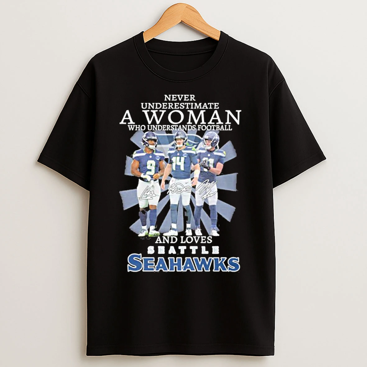 Classic Never Underestimate A Woman Who Understands Football Player Signature And Loves Seattle Seahawks T Shirts
