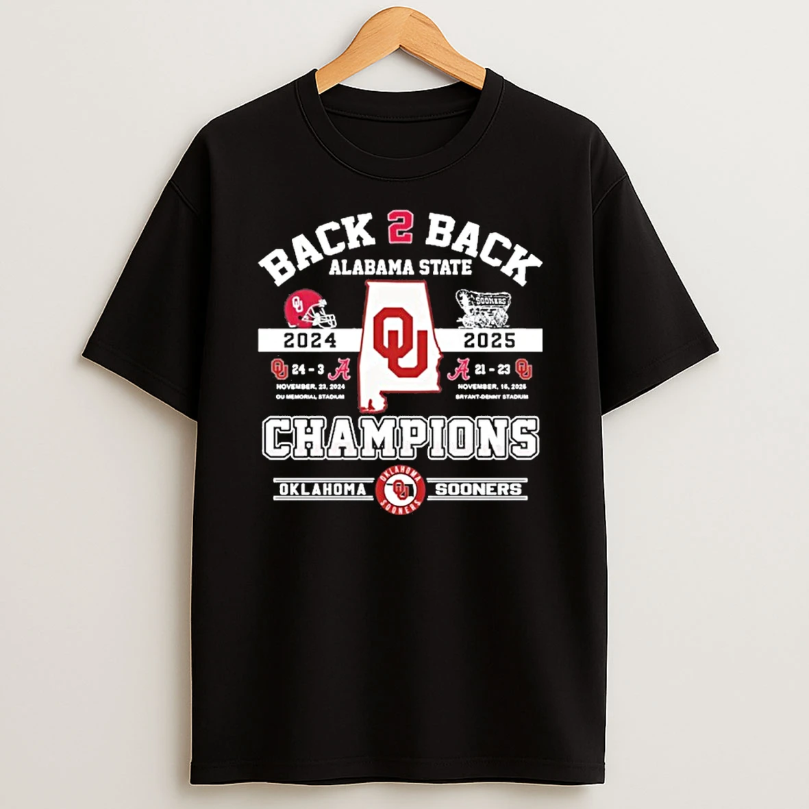 Classic Oklahoma Sooners Back 2 Back Alabama State Champions T Shirts