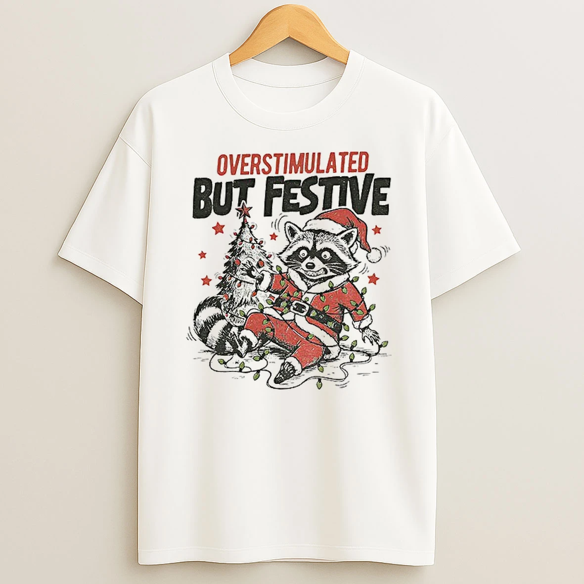 Classic Overstimulated But Festive Funny Raccoon Vs Santa Claus Hat T Shirts