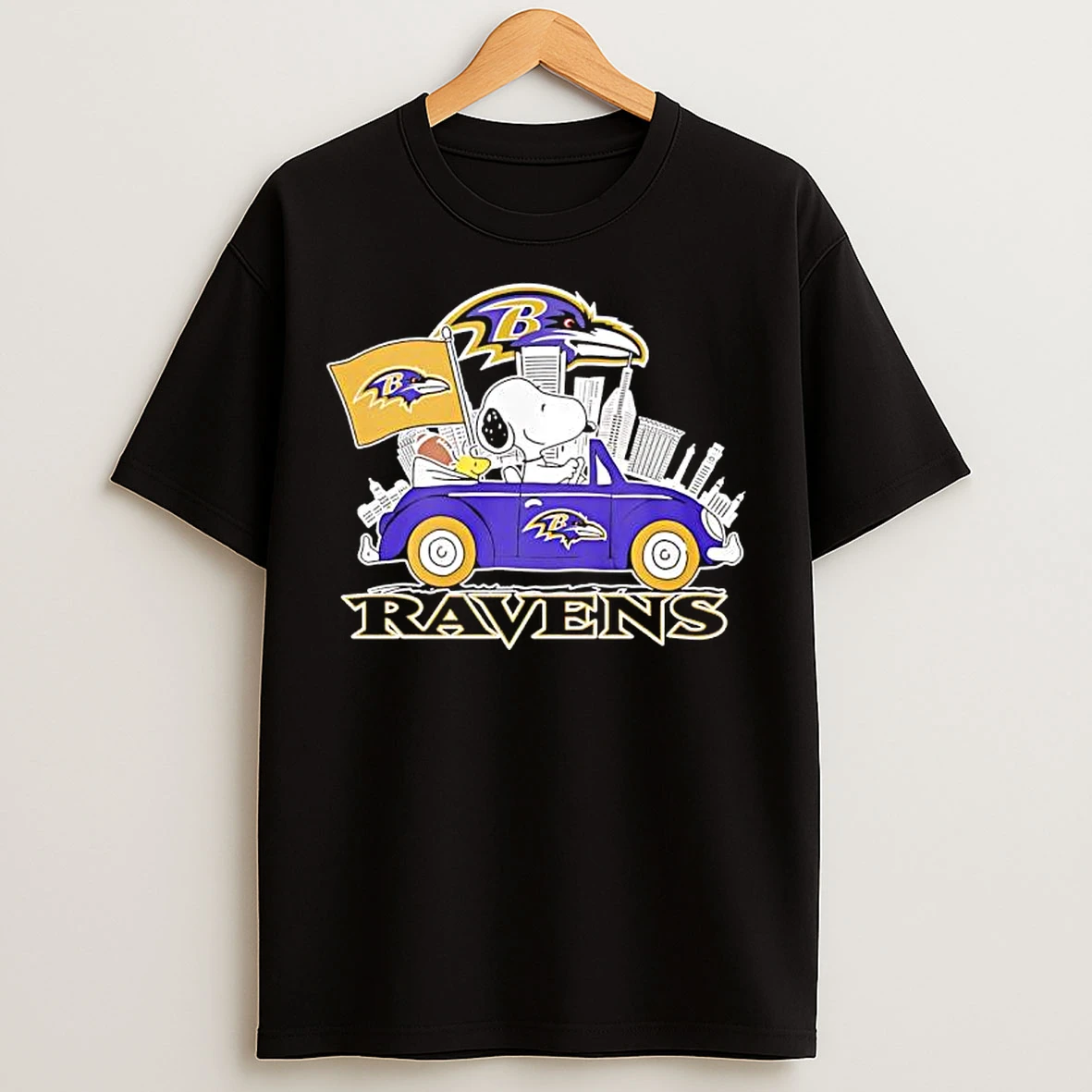 Classic Peanuts X Baltimore Ravens Welcome To The Pound Driving Car T Shirts