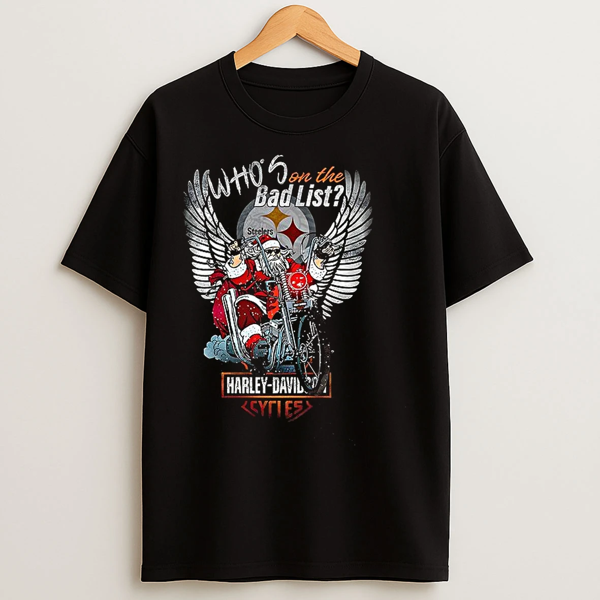 Classic Pittsburgh Steelers Santa Whos On The Bad List Harley Davidson Cycles T Shirts