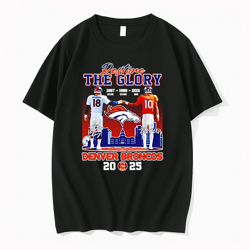 Classic Restone The Glory Denver Broncos Manning And Nix 2025 City Skyline T Shirts