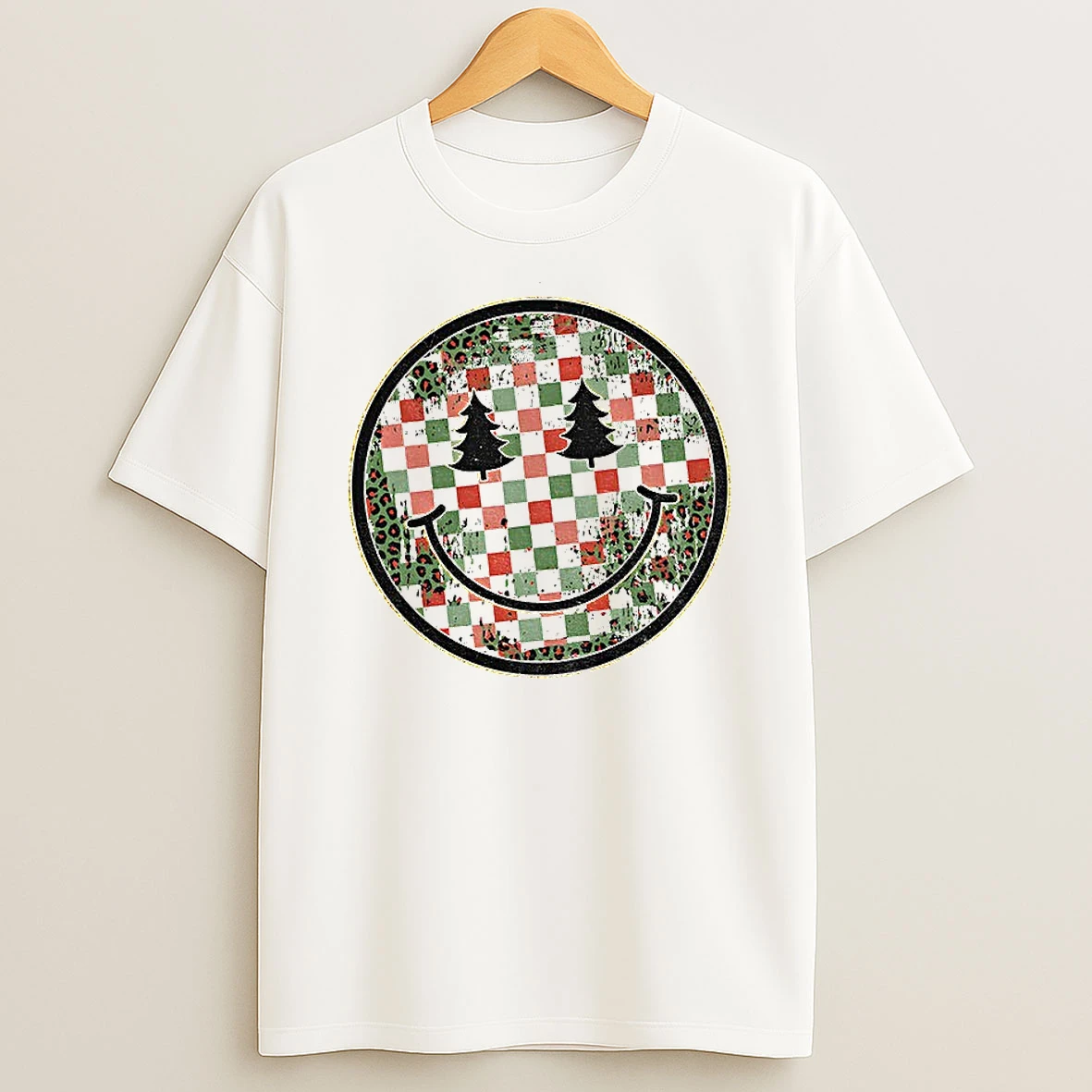 Classic Retro Smiley Christmas Trendy Checkered Xmas Face T Shirts