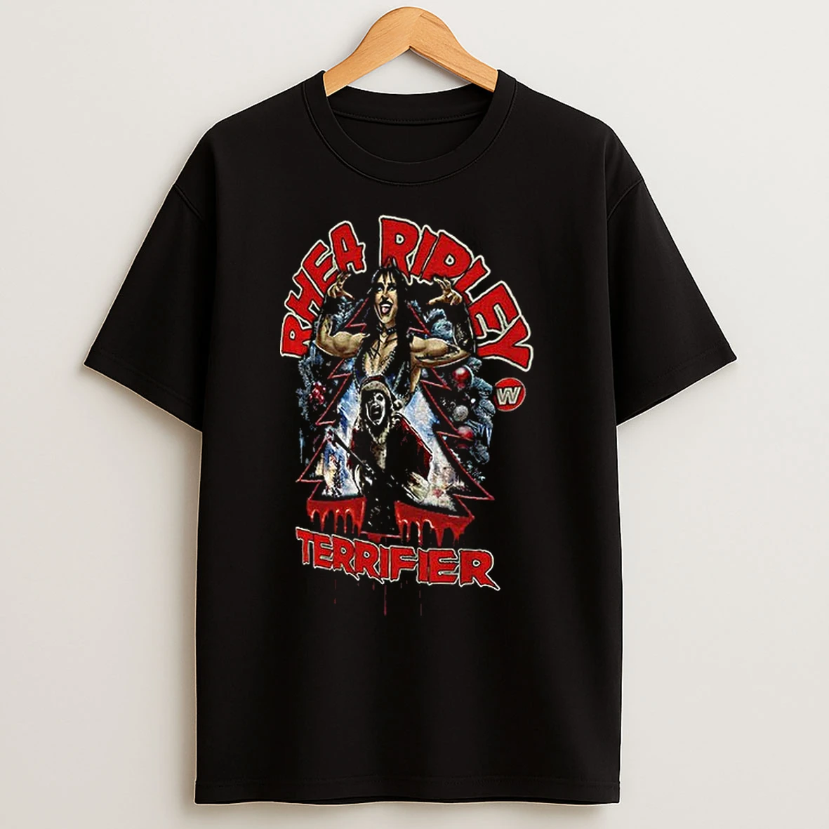 Classic Rhea Ripley Wwe X Art The Clown Terrifier Bloody Christmas Tree Merry Christmas T Shirts