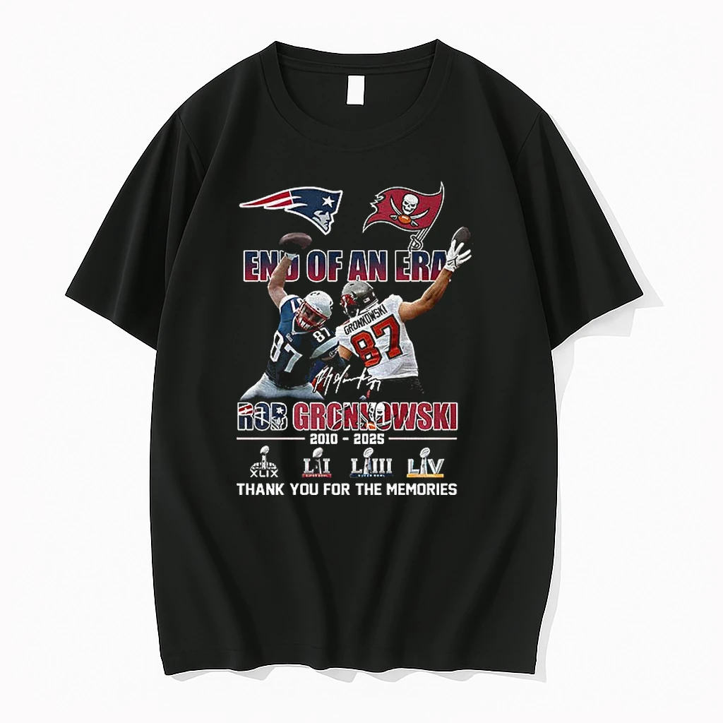 Classic Rob Gronkowski New England Patriots And Tampa Bay Buccaneers End Of An Era Thank You For The Memories Signature T Shirts