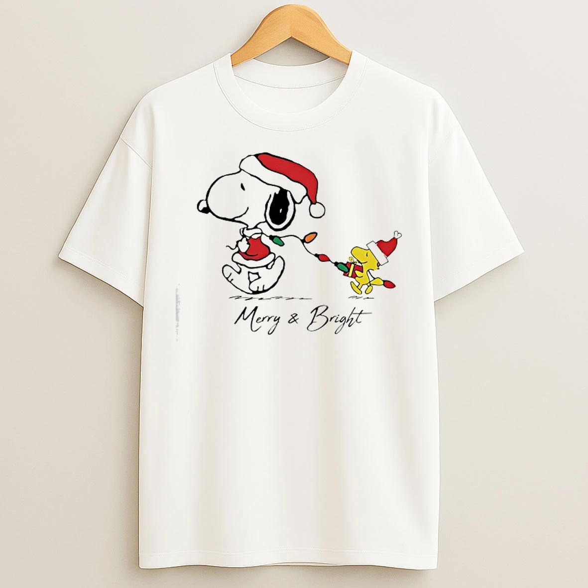 Classic Santa Snoopy And Woodstock Merry And Bright T Shirts
