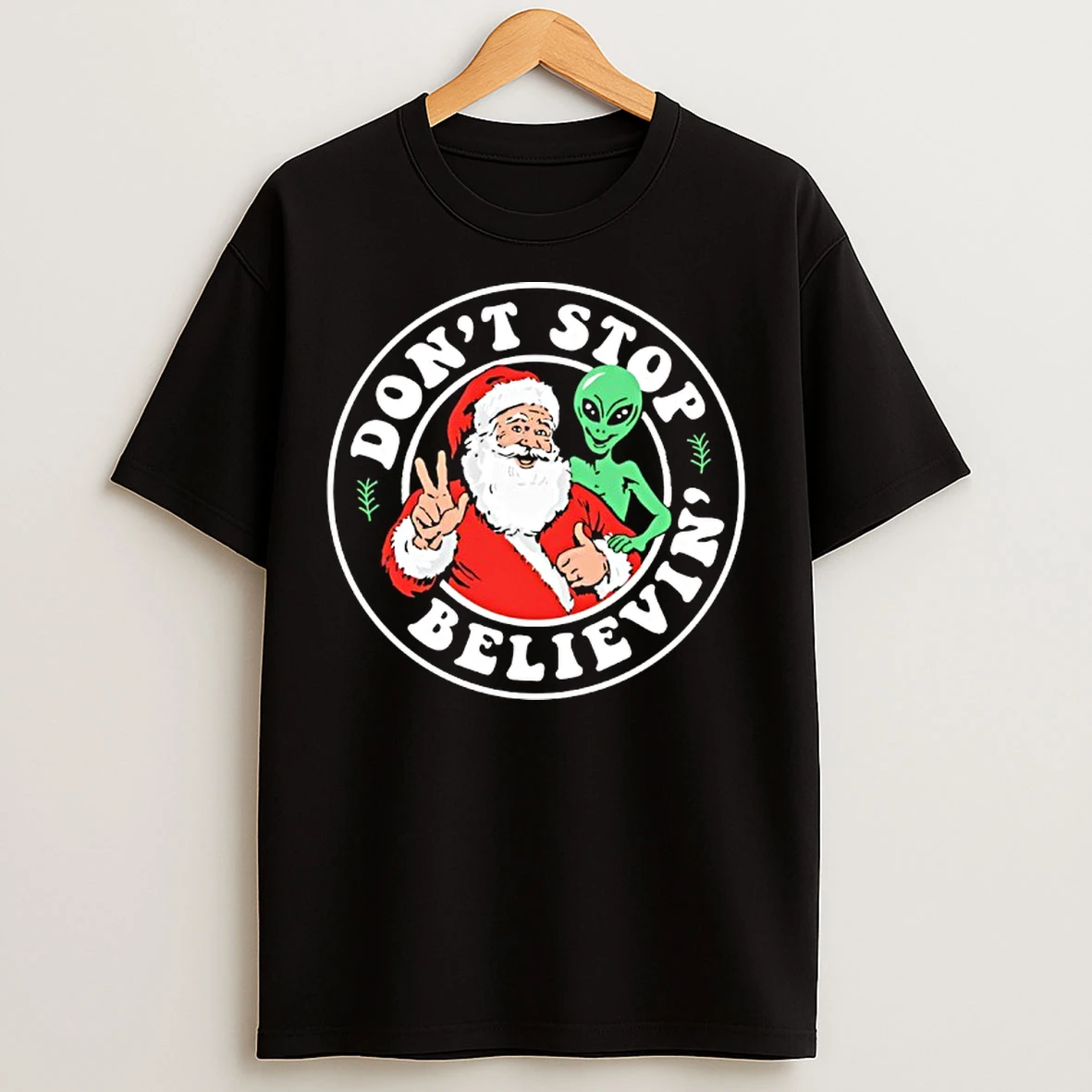 Classic Santa And Alien Dont Stop Believin Christmas Funny T Shirts