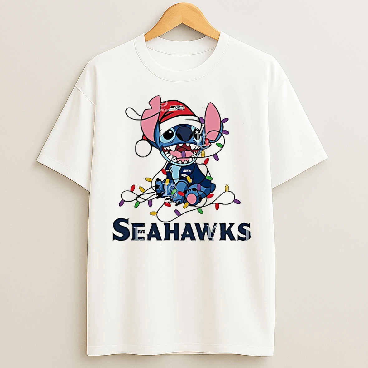 Classic Seattle Seahawks With Stitch Christmas Lights T Shirts