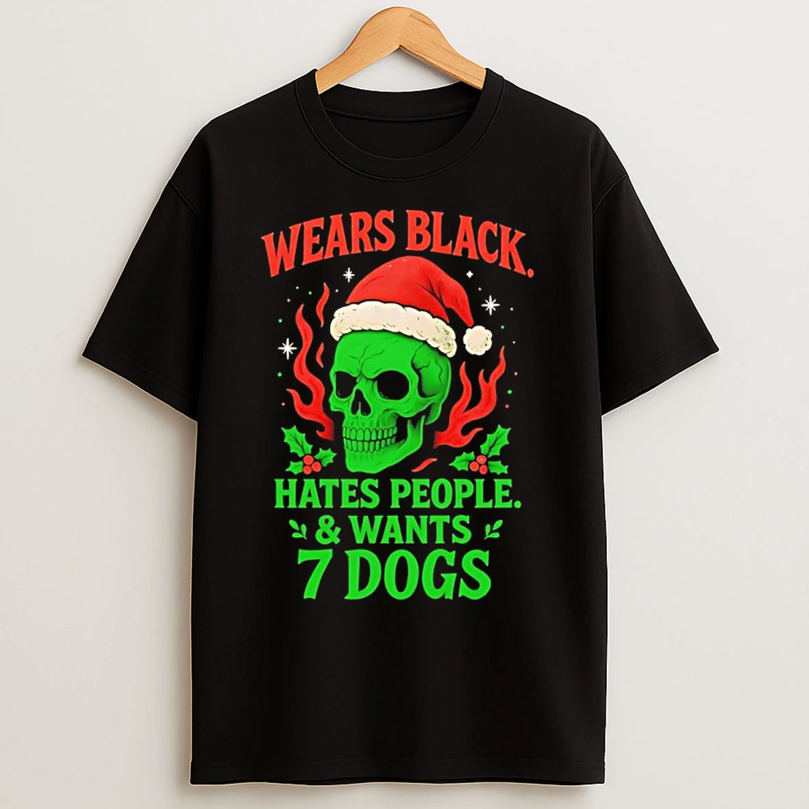 Classic Skull Santa Wears Black Hates People And Wants 7 Dogs T Shirts