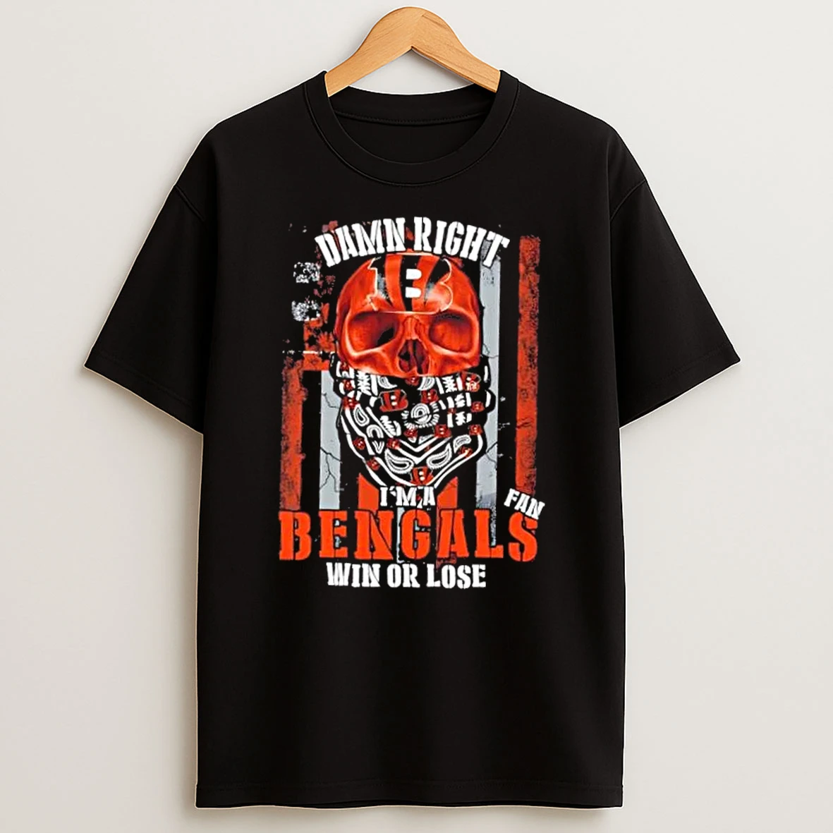 Classic Skull Damn Right Im A Cincinnati Bengals Fan Win Or Lose Us Flag T Shirts