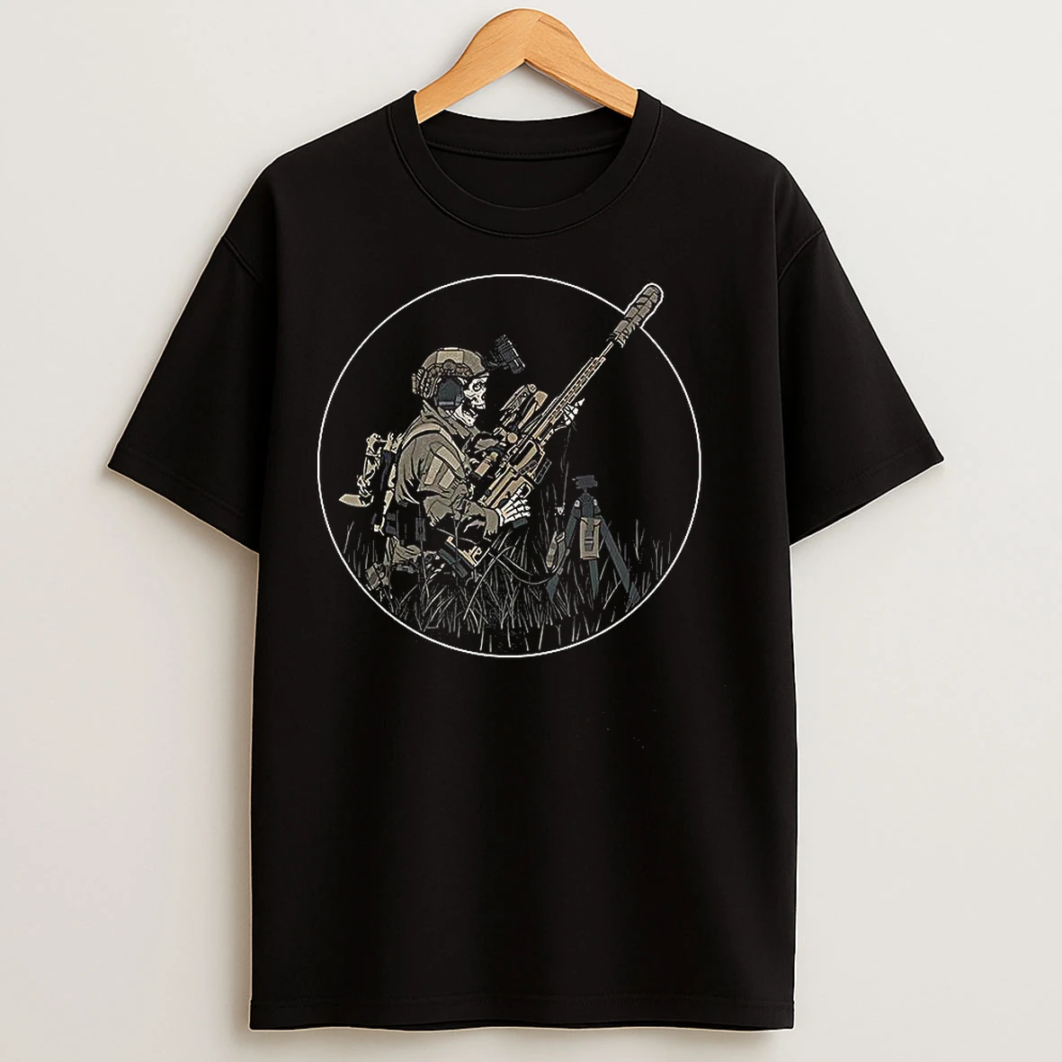 Classic Sniper Skeleton Stalk In Round Frame T Shirts
