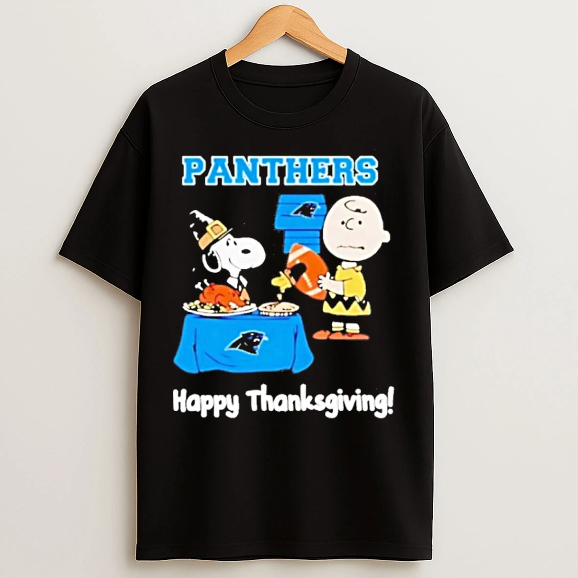 Classic Snoopy And Charlie Brown Carolina Panthers Nfl Happy Thanksgiving 2025 Premium T Shirts