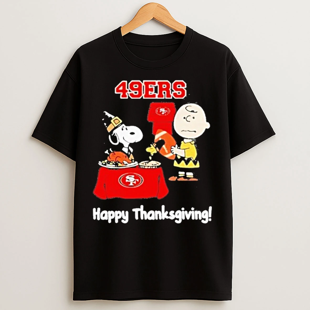Classic Snoopy And Charlie Brown San Francisco 49ers Nfl Happy Thanksgiving 2025 Premium T Shirts