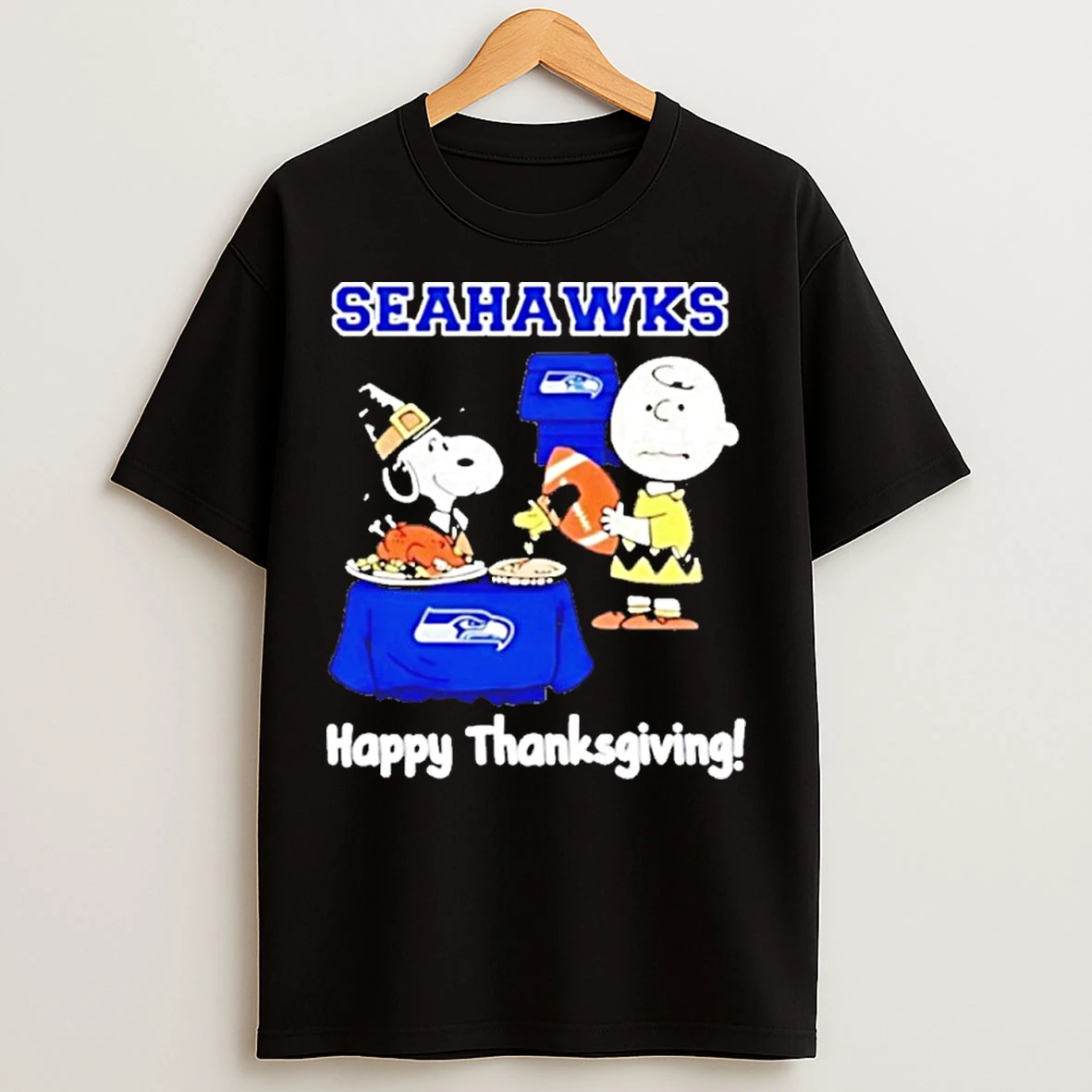 Classic Snoopy And Charlie Brown Seattle Seahawks Nfl Happy Thanksgiving 2025 T Shirts