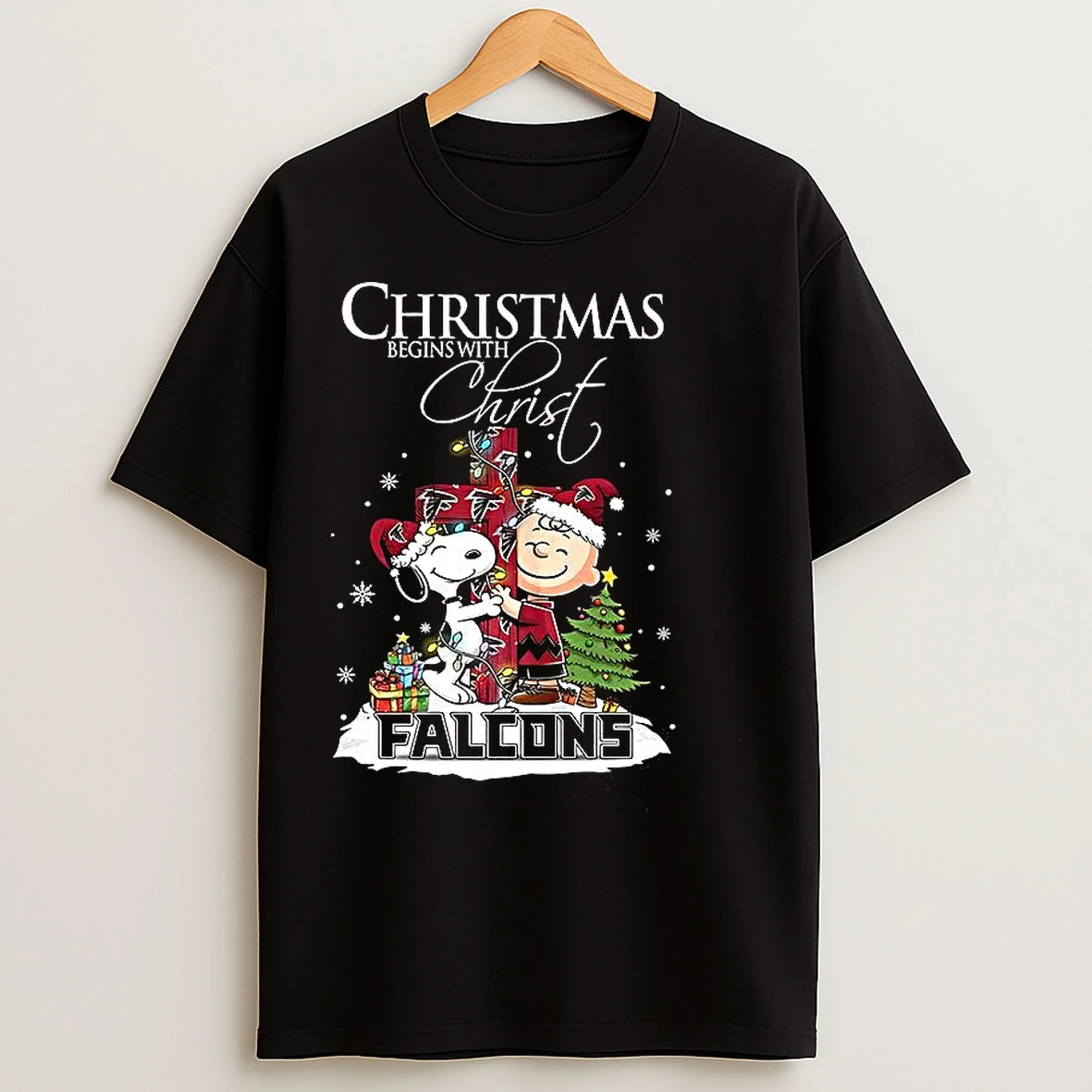 Classic Snoopy And Charlie Brown X Atlanta Falcons Christmas Begins With Christ Cross T Shirts