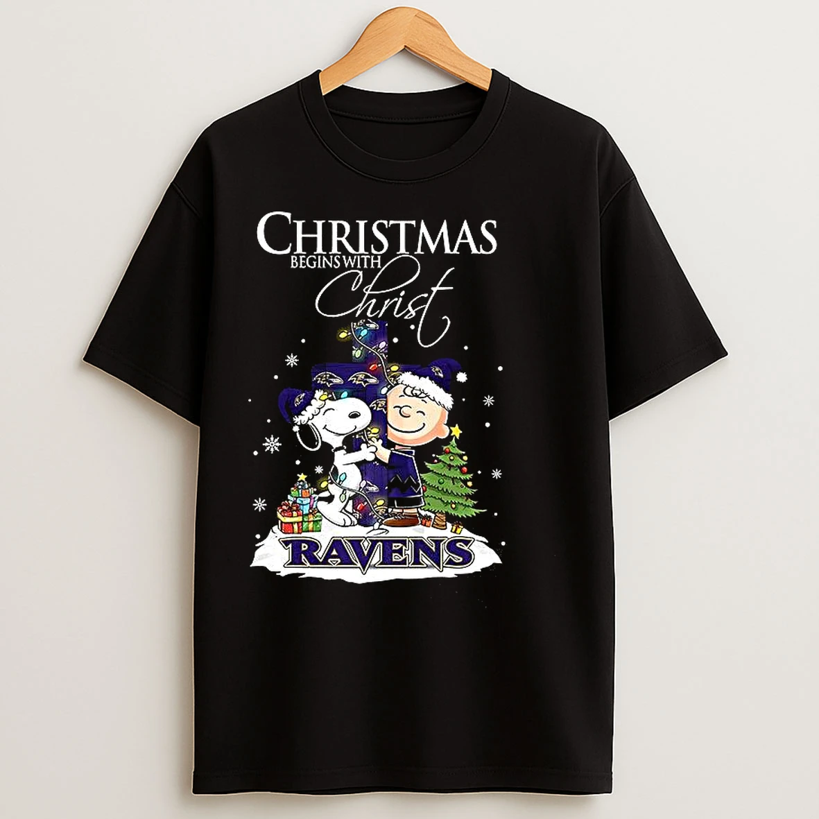Classic Snoopy And Charlie Brown X Baltimore Raven Christmas Begins With Christ Cross T Shirts