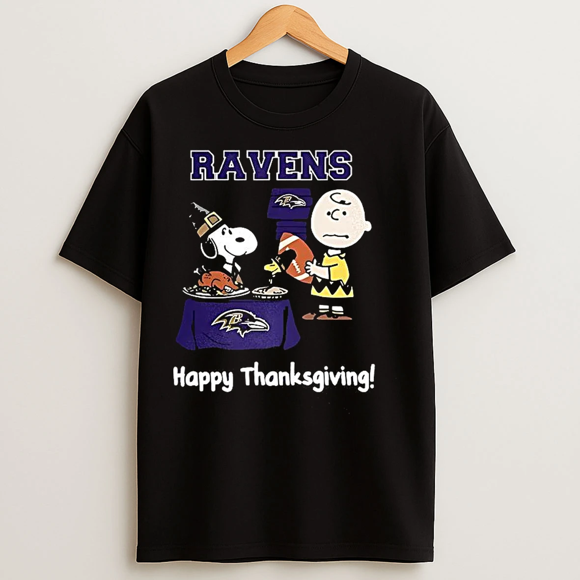 Classic Snoopy And Charlie Brown X Baltimore Ravens Football Happy Thanksgiving T Shirts